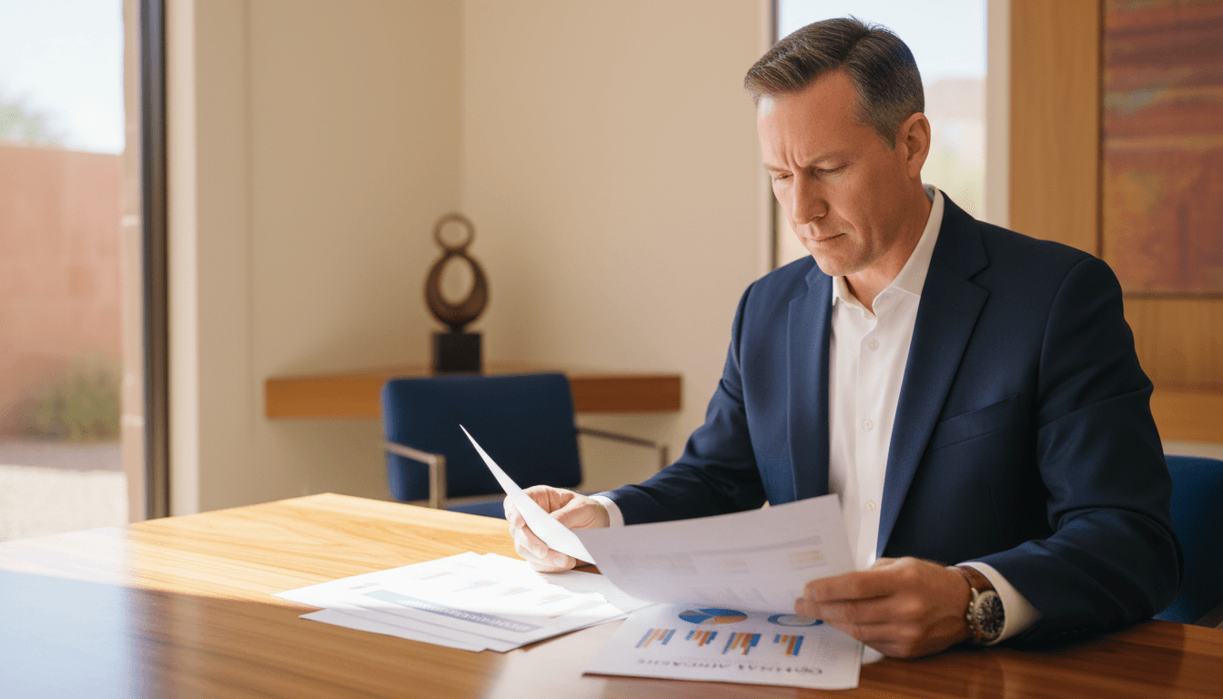 Financial consultant reviewing wealth strategy documents at desk