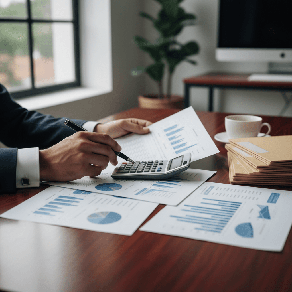 Financial consultant reviewing documents at desk
