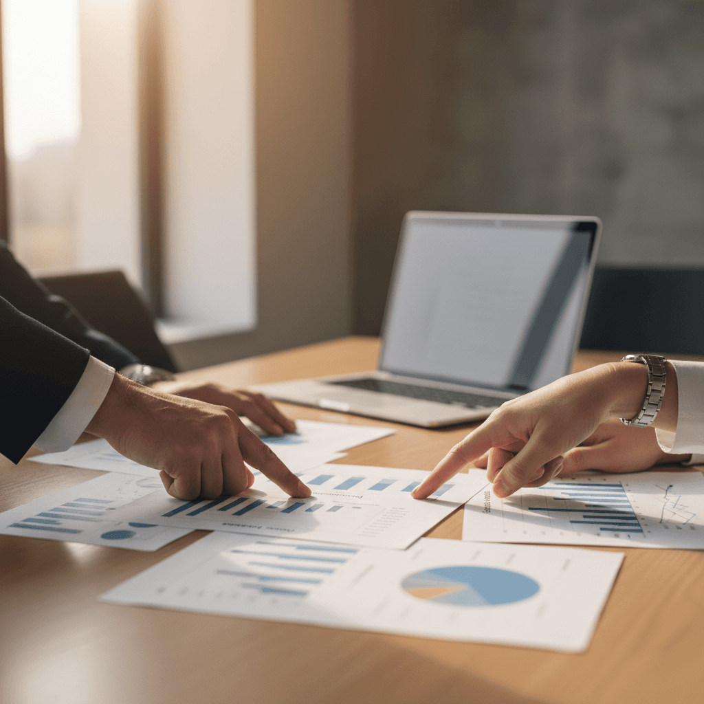 Financial consultants reviewing investment strategy and wealth management documents during a client consultation