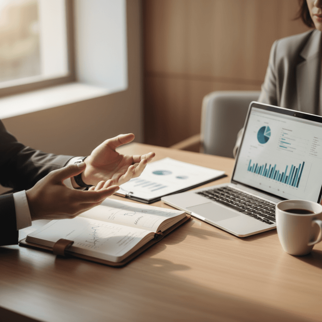 Financial advisor and client discussing investment strategy at desk